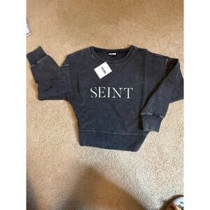 Seint Sweatshirt Womens Medium Charcoal Gray NWT Graphic Logo Acid Wash Pullover